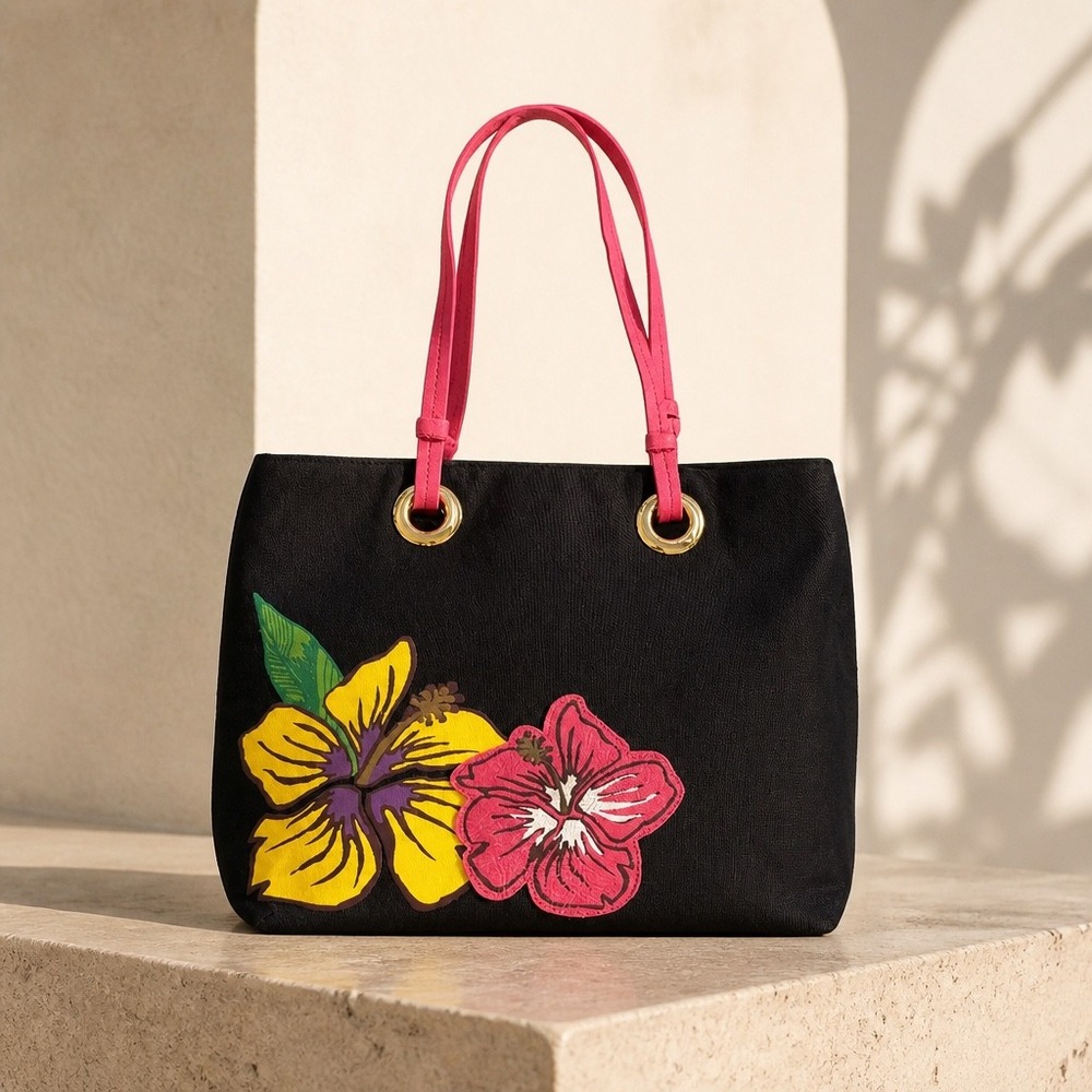 Signature Collection Black Canvas Hibiscus Floral Tote Bag Pink Straps Tropical